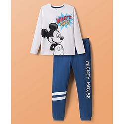 Pine Kids Disney Single Jersey Knit Full Sleeves Nightsuit With Mickey Mouse Graphic - White & Navy Blue