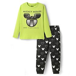 Pine Kids Disney Single Jersey Knit Full Sleeves Night Suit With Mickey Mouse Graphic - Limegreen  & Black