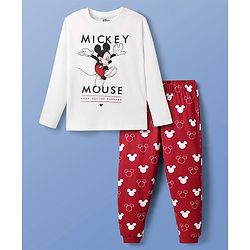 Pine Kids Disney Single Jersey Knit Full Sleeves Night Suit With Mickey Mouse Graphic- White & Red