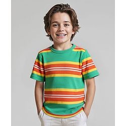 Pine Kids Cotton Knit Half Sleeves T-Shirt with Stripes -  Green & Yellow