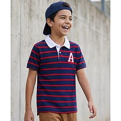 Pine Kids Cotton Knit Half Sleeves Polo T-Shirt with Stripes -  Navy Blue & Red
