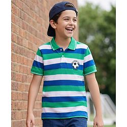 Pine Kids Cotton Knit Half Sleeves Polo T-Shirt with Stripes - Blue White & Light Green