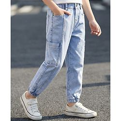 Pine Kids Denim Woven Full Length Washed Cargo Jeans with Pockets  -Blue