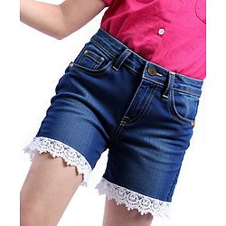 Pine Kids Mid Thigh Length Washed Denim Shorts with Lace Detailing - Blue