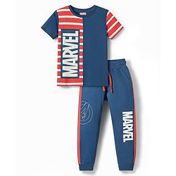 Pine Kids Marvel Single Jersey Knit Half Sleeves T-Shirt & Lounge Pant Set With Avengers Graphics - Navy Blue