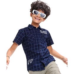 Pine Kids Denim Washed Woven Half Sleeves Check Shirt with Text Print - Navy Blue