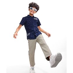 Pine Kids Denim Washed Woven Half Sleeves Check Shirt with Text Print - Navy Blue