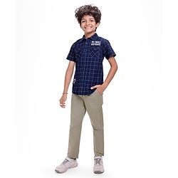 Pine Kids Denim Washed Woven Half Sleeves Check Shirt with Text Print - Navy Blue