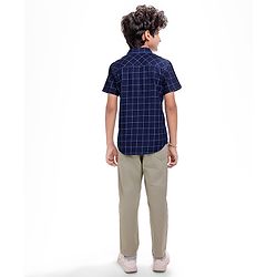 Pine Kids Denim Washed Woven Half Sleeves Check Shirt with Text Print - Navy Blue