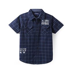 Pine Kids Denim Washed Woven Half Sleeves Check Shirt with Text Print - Navy Blue