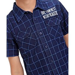 Pine Kids Denim Washed Woven Half Sleeves Check Shirt with Text Print - Navy Blue