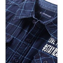 Pine Kids Denim Washed Woven Half Sleeves Check Shirt with Text Print - Navy Blue