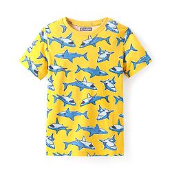 Pine Kids Single Jersey Knit Half Sleeves Night Suit With Shark Print - Yellow