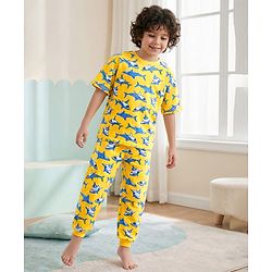 Pine Kids Single Jersey Knit Half Sleeves Night Suit With Shark Print - Yellow