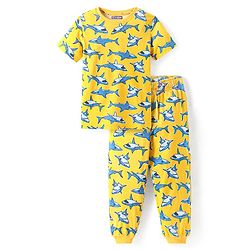 Pine Kids Single Jersey Knit Half Sleeves Night Suit With Shark Print - Yellow
