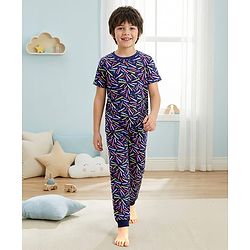 Pine Kids Single Jersey Knit Half Sleeves Night Suit with Star Print - Navy Blue