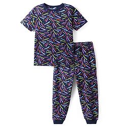 Pine Kids Single Jersey Knit Half Sleeves Night Suit with Star Print - Navy Blue