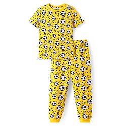 Pine Kids Single Jersey Knit Half Sleeves Night Suit with Football Print - Yellow