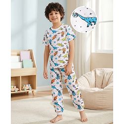 Pine Kids Single Jersey Knit Half Sleeves Night Suit with Dino Print - Blue White & Orange