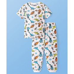 Pine Kids Single Jersey Knit Half Sleeves Night Suit with Dino Print - Blue White & Orange