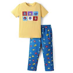 Pine Kids Single Jersey Knit Half Sleeves Night Suit with Robot Print - Yellow & Blue
