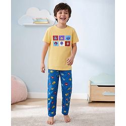 Pine Kids Single Jersey Knit Half Sleeves Night Suit with Robot Print - Yellow & Blue