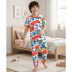 Pine Kids Single Jersey Knit Half Sleeves Night Suit with Text Print - White