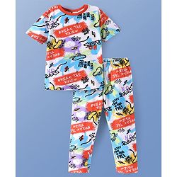 Pine Kids Single Jersey Knit Half Sleeves Night Suit with Text Print - White