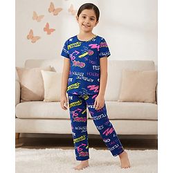 Pine Kids Single Jersey Knit Half Sleeves Night Suit With Text Print - Navy Blue