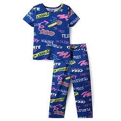 Pine Kids Single Jersey Knit Half Sleeves Night Suit With Text Print - Navy Blue