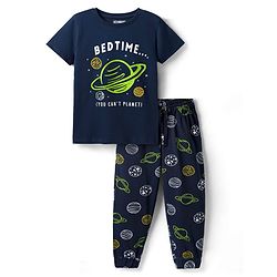 Pine Kids Single Jersey Knit Half Sleeves Night Suit with Space  Print - Navy Blue