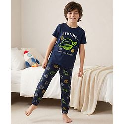 Pine Kids Single Jersey Knit Half Sleeves Night Suit with Space  Print - Navy Blue