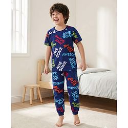 Pine Kids Single Jersey Knit Half Sleeves Night Suit With Awesome Print - Navy Blue