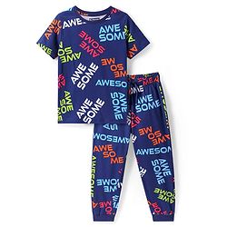 Pine Kids Single Jersey Knit Half Sleeves Night Suit With Awesome Print - Navy Blue