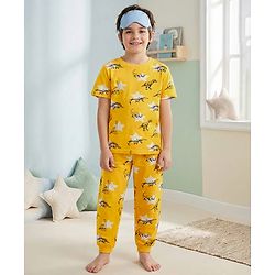 Pine Kids Single Jersey Knit Half Sleeves Night Suit with Dino Print - Yellow