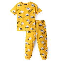 Pine Kids Single Jersey Knit Half Sleeves Night Suit with Dino Print - Yellow