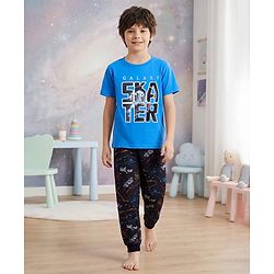 Pine Kids Single Jersey Knit Half Sleeves Night Suit with Skating Print - Blue
