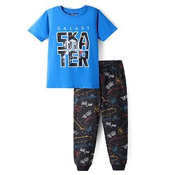 Pine Kids Single Jersey Knit Half Sleeves Night Suit with Skating Print - Blue