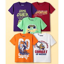 Pine Kids Cotton Knit Half Sleeves T-Shirts With Game Over Text Print Pack Of 5 - Red Light Green & White