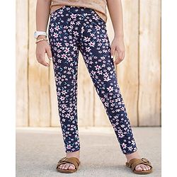 Pine Kids Cotton Lycra Knit Full Length Leggings with Floral Print - Navy Blue