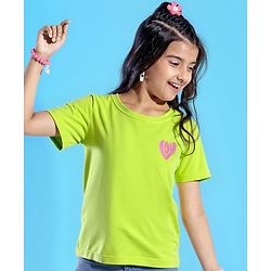 Pine Kids Cotton Knit Half Sleeves T-Shirt with Glitter Text Print - Limegreen