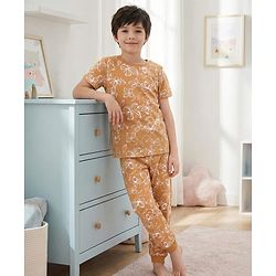 Pine Kids Single Jersey Knit Half Sleeves Night Suit with Floral Print - Brown