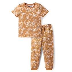 Pine Kids Single Jersey Knit Half Sleeves Night Suit with Floral Print - Brown