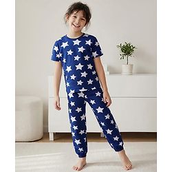 Pine Kids Single Jersey Knit Half Sleeves Night Suit with Stars Print - Blue