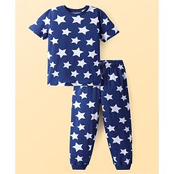 Pine Kids Single Jersey Knit Half Sleeves Night Suit with Stars Print - Blue