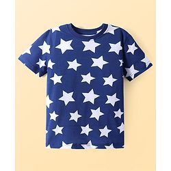 Pine Kids Single Jersey Knit Half Sleeves Night Suit with Stars Print - Blue
