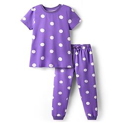 Pine Kids Single Jersey Knit Half Sleeves Co-ords Night Suit with Polka Dots Print - Purple