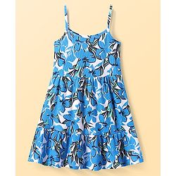 Pine Kids Cotton Knit Singlet Sleeves Dress with Floral Print - White & Blue
