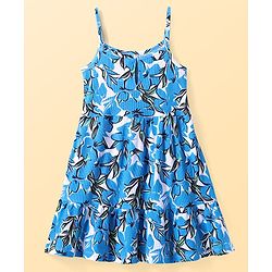 Pine Kids Cotton Knit Singlet Sleeves Dress with Floral Print - White & Blue