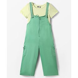 Pine Kids Cotton Woven Half Sleeves Inner Top & Dungaree with Bon Appetitt Text Print - Light Green & Green